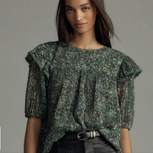 ANTHROPOLOGIE PORRIDGE Lace Crew Neck Smocked Blouse In Green Floral. Size Med